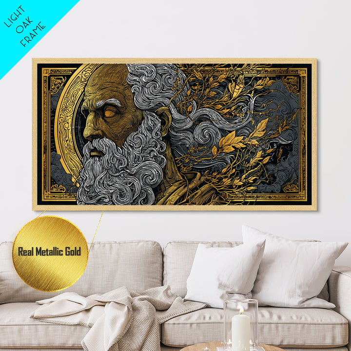 Socrates Metallic Gold Metal Print, Real Wood Framed Greek Philosophy Wall Art, Luxury Mythology Inspired Metal Artwork