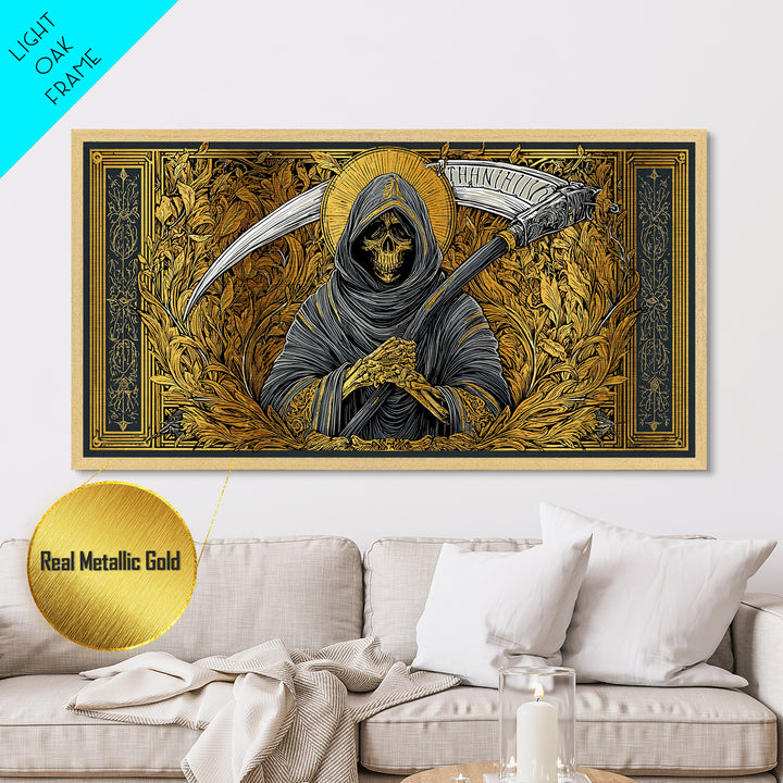 Thanatos Metallic Gold Metal Print, Real Wood Framed Greek Myth Wall Art, Grim Reaper Death Figure Decorative Metal Artwork