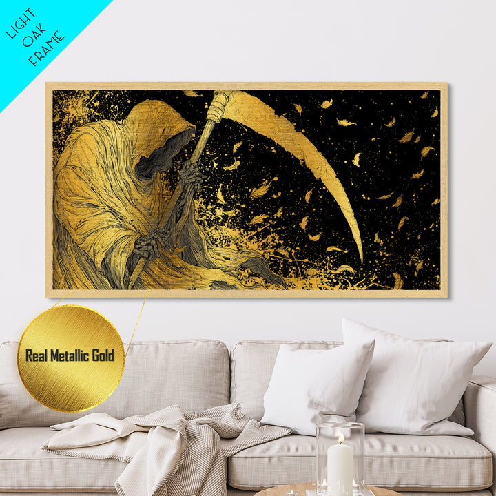 Thanatos Metallic Gold Metal Print, Real Wood Framed Greek Myth Wall Decor, Death Scythe Dark Art Luxury Metal Wall Artwork