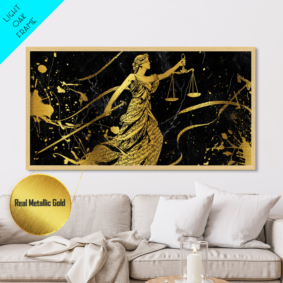 Themis Metallic Gold Metal Print, Real Wood Framed Greek Justice Wall Art, Scales Of Justice Mythology Inspired Metal Artwork