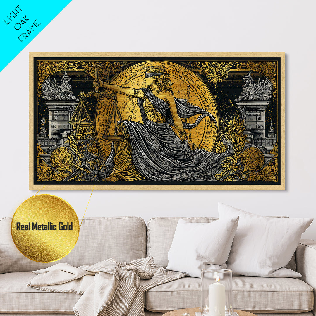 Themis Metallic Gold Metal Print, Real Wood Framed Greek Justice Wall Decor, Blindfolded Lady With Scales Metal Wall Artwork