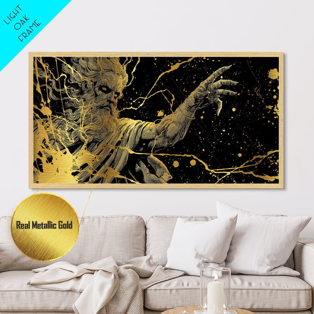 Zeus Metallic Gold Metal Print, Real Wood Framed Greek Myth Wall Art, Lightning And Storm Luxury Decorative Metal Artwork