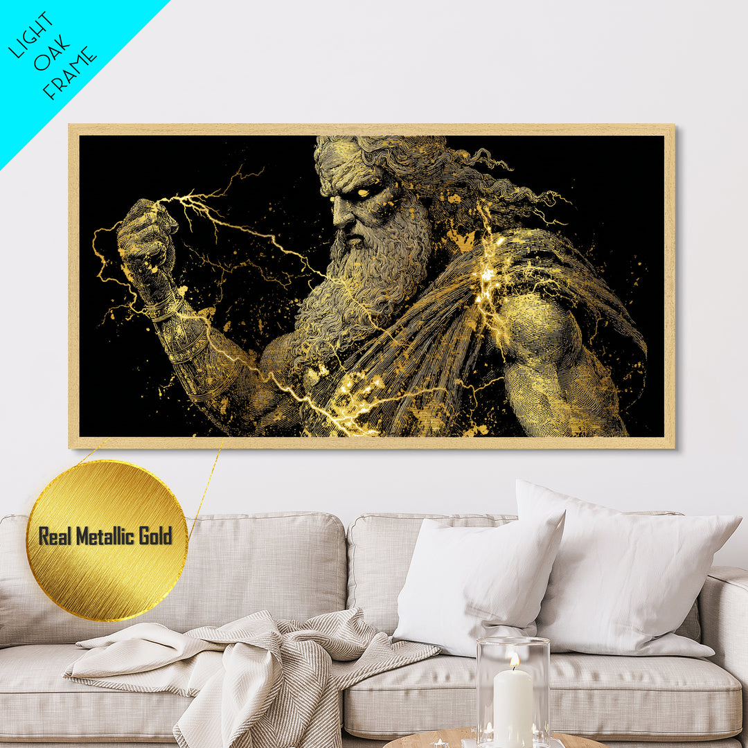 Zeus Metallic Gold Metal Print, Real Wood Framed Greek Mythology Wall Art, Crowned Figure With Flowing Hair Decorative Artwork