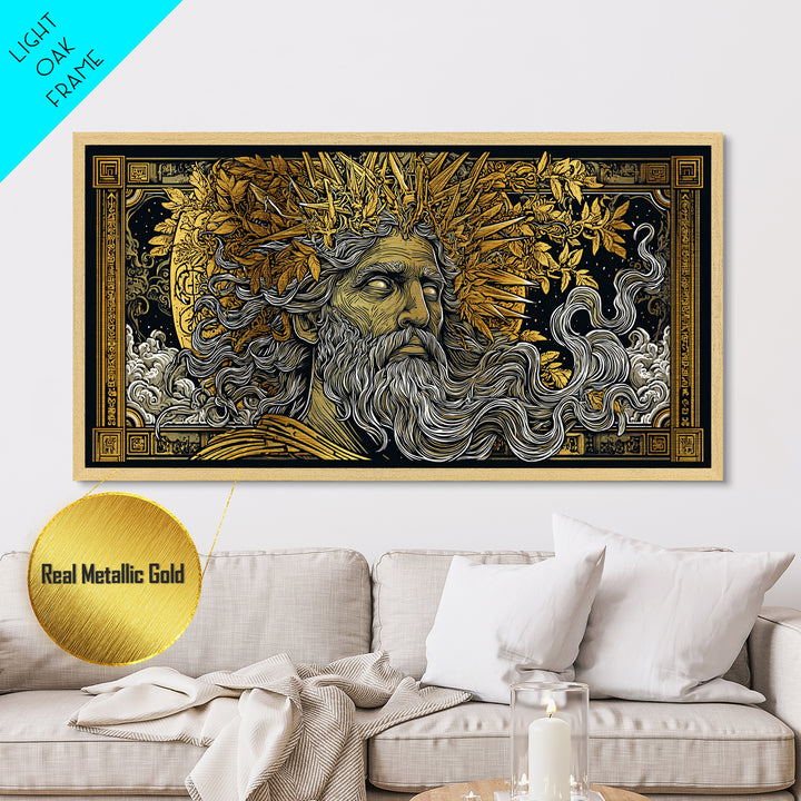 Zeus Metallic Gold Metal Print, Real Wood Framed Greek Mythology Wall Decor, Bearded Figure With Lightning Bolt Metal Artwork