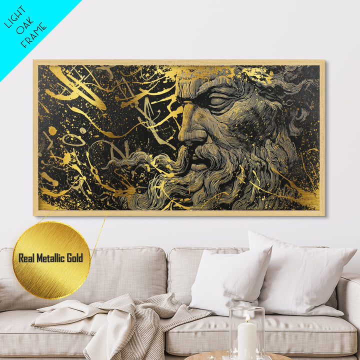 Zeus Metallic Gold Metal Print, Real Wood Framed Greek God Wall Art, Mythological Bearded Portrait Luxury Decorative Artwork