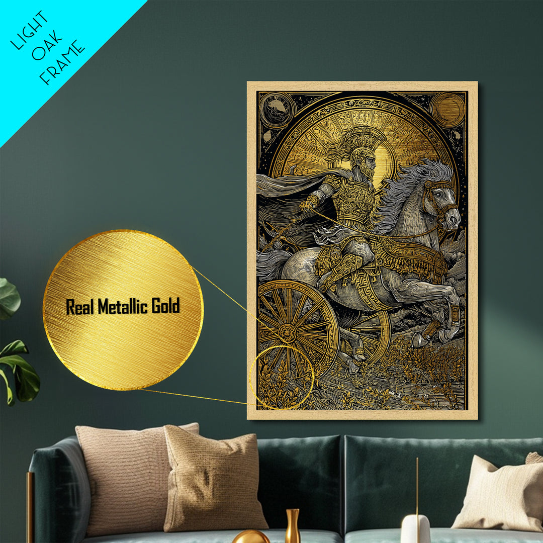 Roman Chariot Warrior with Celestial Disc – Metallic Gold Art Print, Classical Battle Scene Metal Art, Ancient Rome Wall Decor