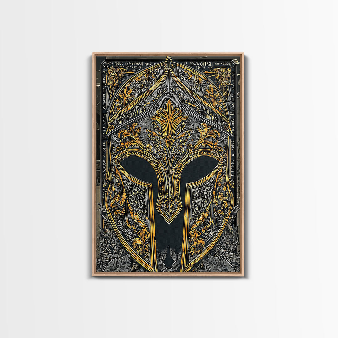 Floral Spartan Helmet with Ancient Text – Canvas Gold Art, Greco-Roman Canvas Art Print, Historical Warrior Wall Piece
