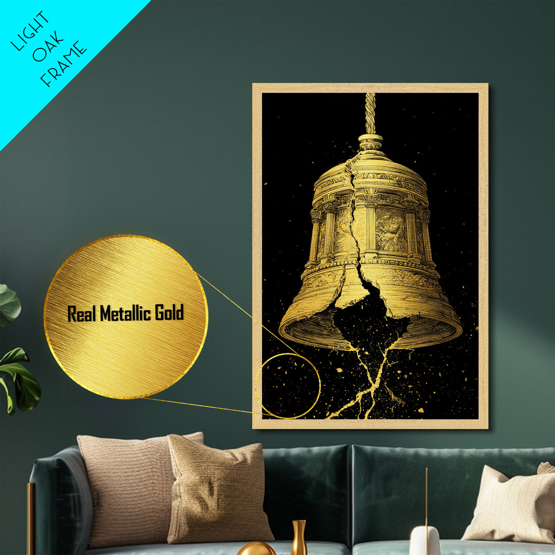 Golden Cracked Bell – Metallic Gold Metal Print – Ancient Greek Inspired Wall Art with Real Wood Frame for Classical Decor
