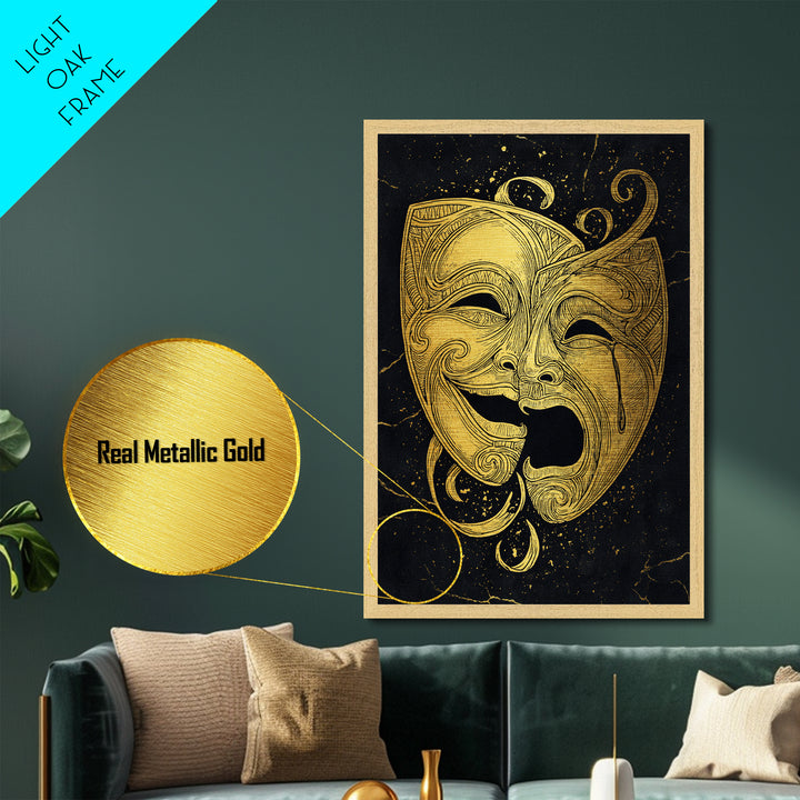 Comedy and Tragedy Theater Masks Metallic Gold Metal Print – Dramatic Wall Art with Real Wood Frame for Home or Studio