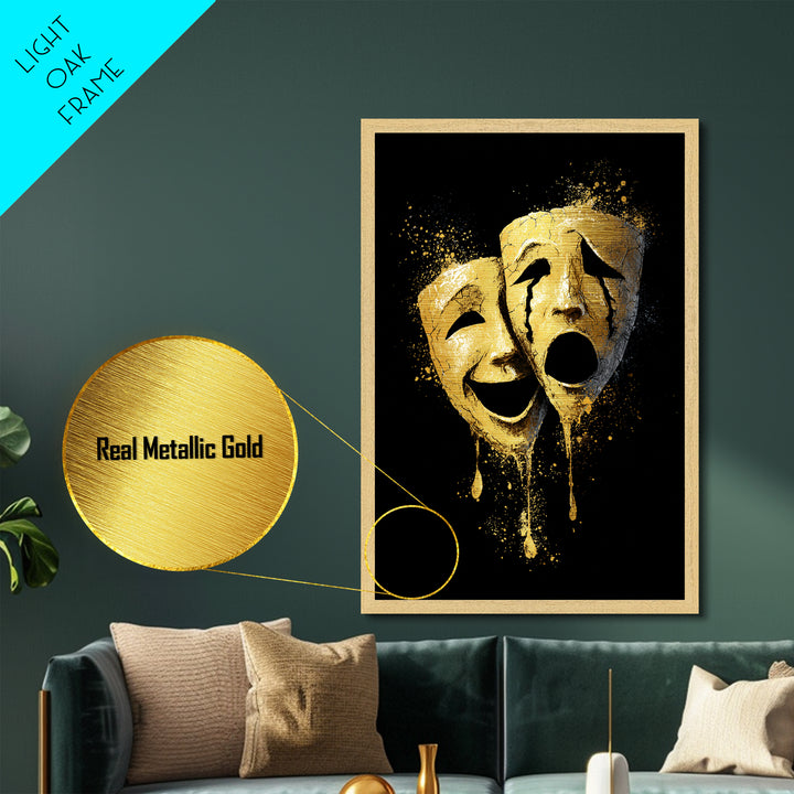 Melting Comedy and Tragedy Masks Metallic Gold Metal Print – Emotional Theater Wall Art with Real Wood Frame