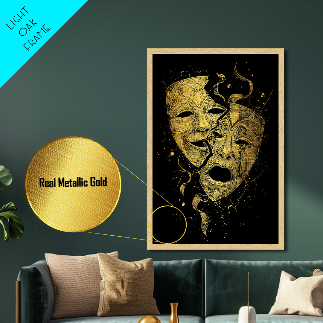 Broken Comedy and Tragedy Masks Metallic Gold Metal Print – Dramatic Greek Theater Wall Art with Real Wood Frame
