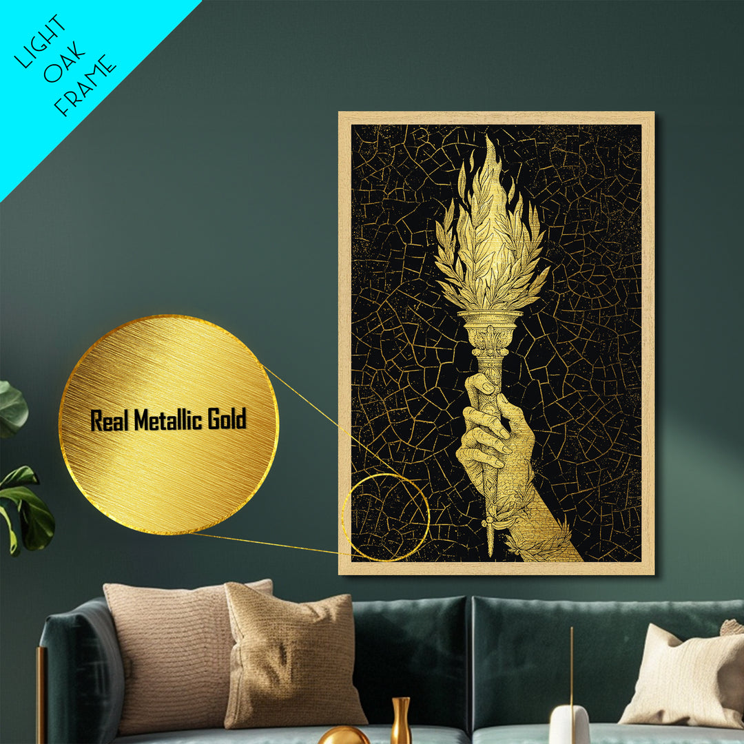 Olympic Flame Hand Holding Torch Metallic Gold Metal Print – Classical Greek Inspired Wall Art with Real Wood Frame