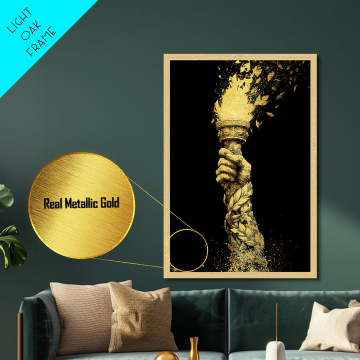 Flaming Laurel Torch Metallic Gold Metal Print – Ancient Greek Victory Symbol Wall Art with Real Wood Frame