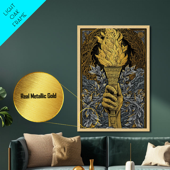 Mythic Laurel Torch Metallic Gold Metal Print – Intricate Greek Style Wall Art with Real Wood Frame