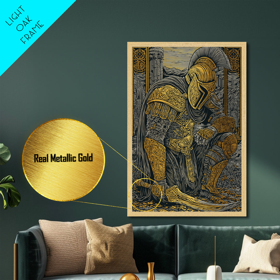 Kneeling Spartan Warrior Metallic Gold Metal Print – Ancient Greek Hoplite Wall Art with Real Wood Frame