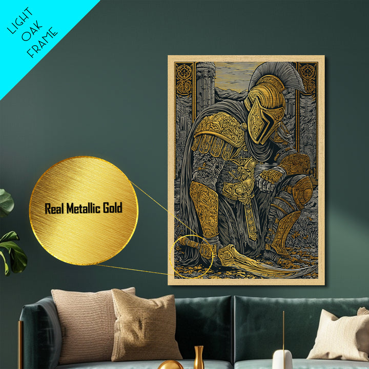 Kneeling Spartan Warrior Metallic Gold Metal Print – Ancient Greek Hoplite Wall Art with Real Wood Frame