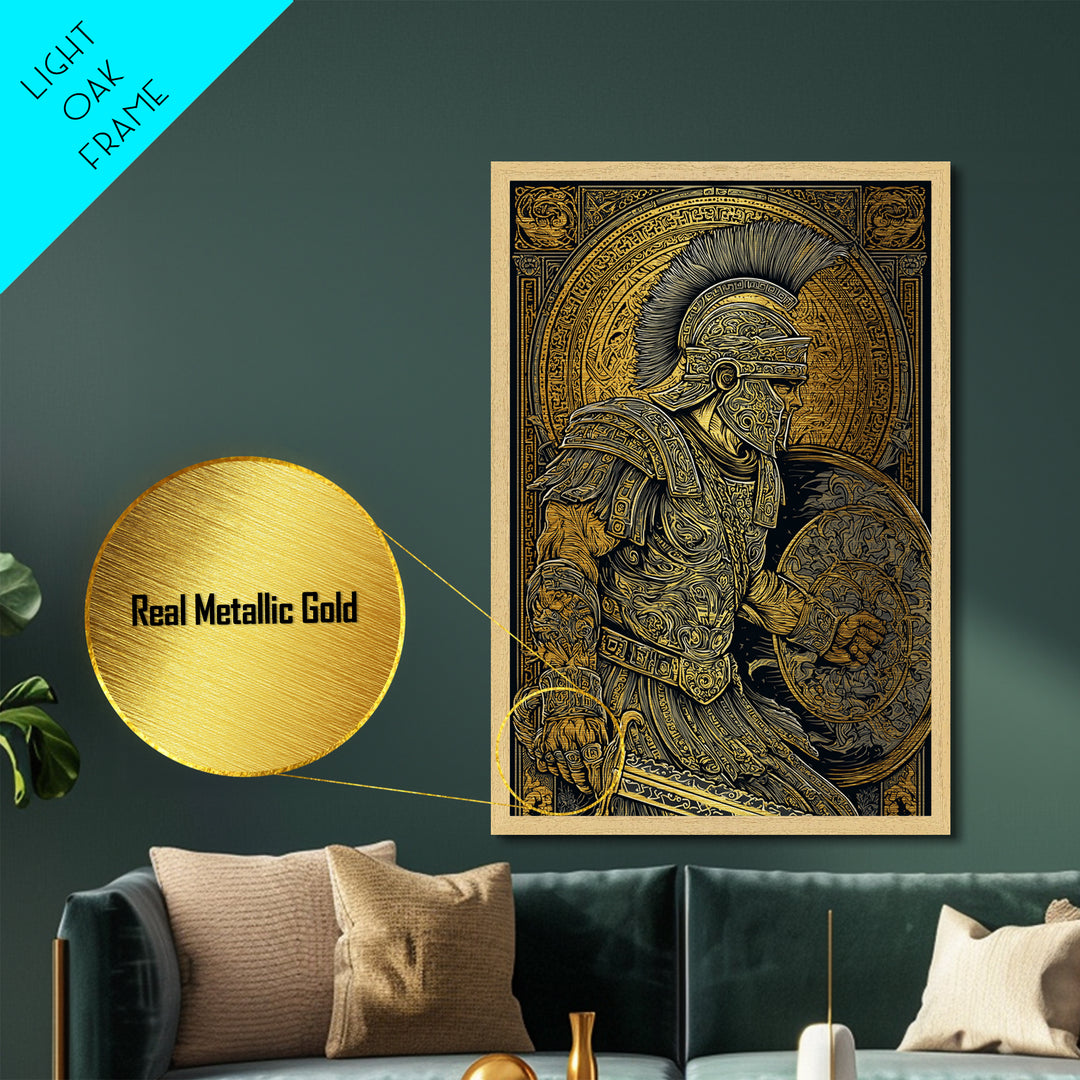 Charging Spartan Warrior Metallic Gold Metal Print – Ancient Greek Hoplite Wall Art with Real Wood Frame