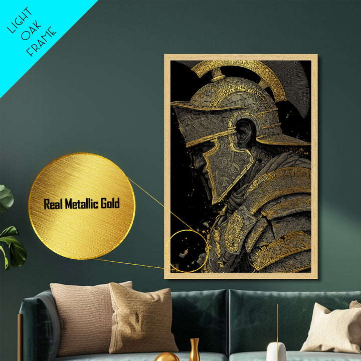 Profile Spartan Warrior Helmet Metallic Gold Metal Print – Ancient Greek Hoplite Wall Art with Real Wood Frame