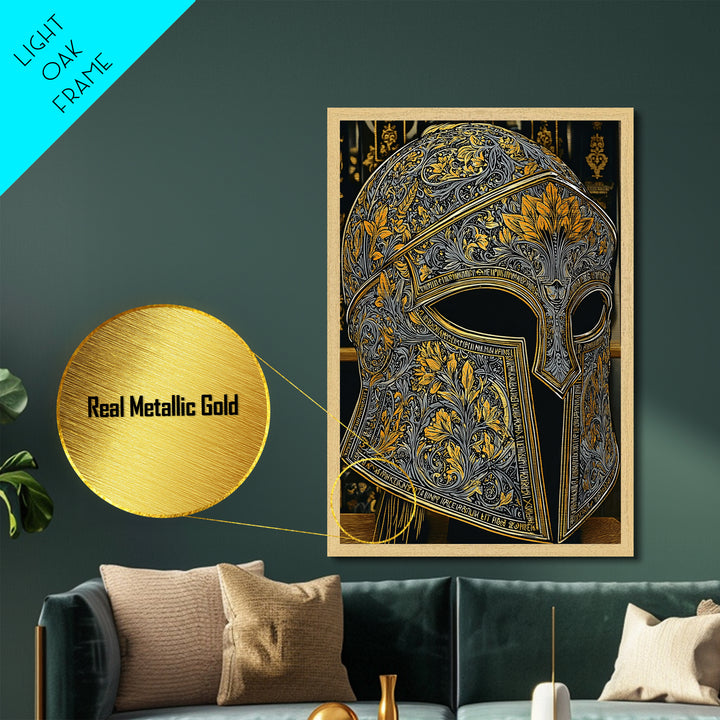 Floral Spartan Helmet with Golden Leaf Engraving – Metallic Gold Art, Real Wood Framed Metal Art, Classic Warrior Helmet Wall Decor