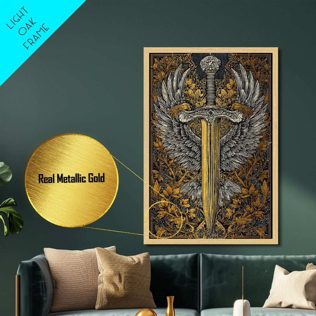 Winged Sword Metallic Gold Metal Print – Intricate Medieval Blade with Angel Wings Design, Real Wood Frame Wall Art