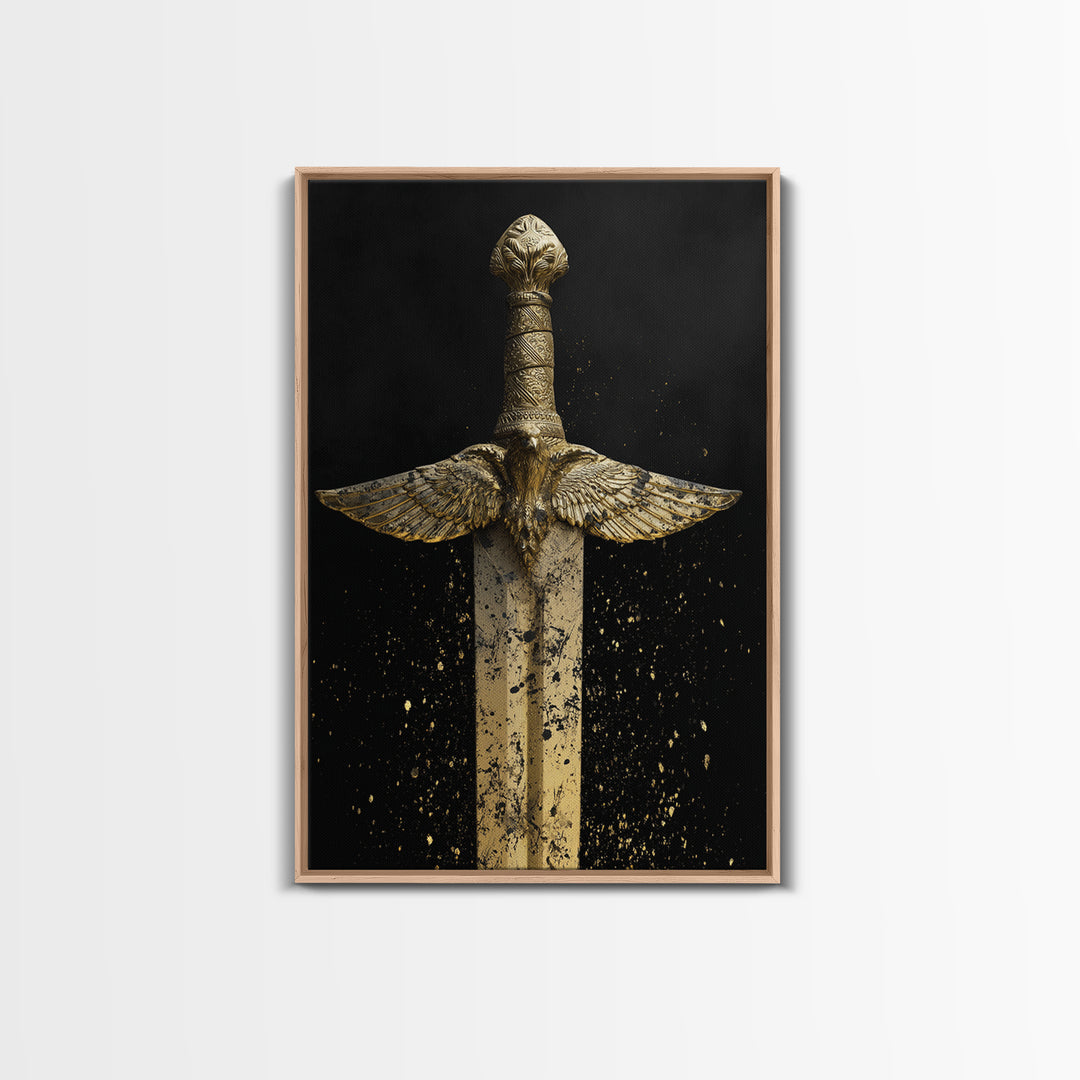 Golden Eagle Sword Canvas Gold Art – Ornate Medieval Blade with Spreading Wings, Real Wood Frame Warrior Home Décor