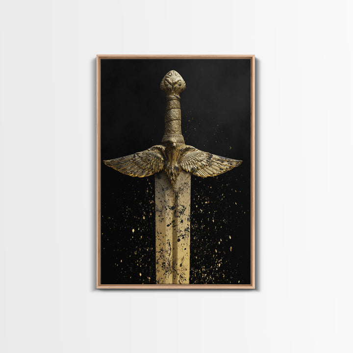 Golden Eagle Sword Canvas Gold Art – Ornate Medieval Blade with Spreading Wings, Real Wood Frame Warrior Home Décor