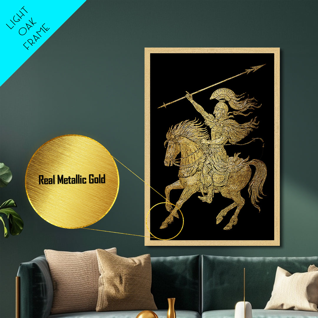 Ancient Warrior on Horseback Metallic Gold Metal Print – Greek Mythology Spear Rider, Real Wood Frame Classical Wall Art