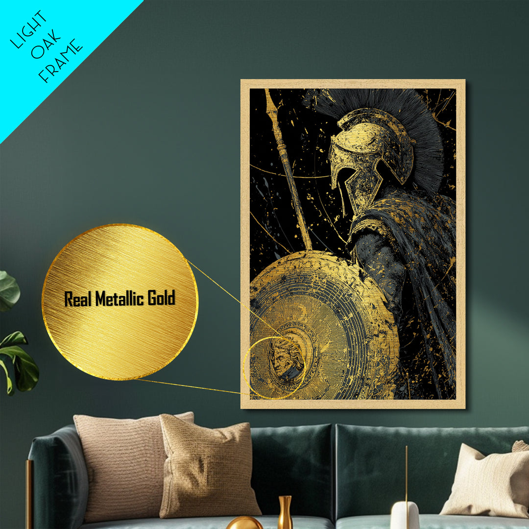 Greek Hoplite Warrior Metallic Gold Art – Spartan Spear and Shield Design, Real Wood Frame Classical Battle Scene Wall Décor