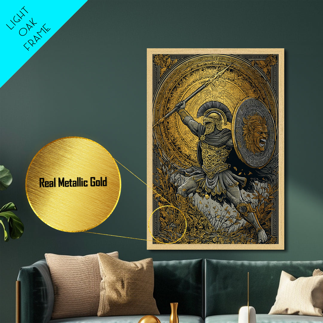 Heroic Spartan Warrior Metallic Gold Metal Print – Lion Shield and Spear Combat Scene, Real Wood Frame Greek Mythology Art