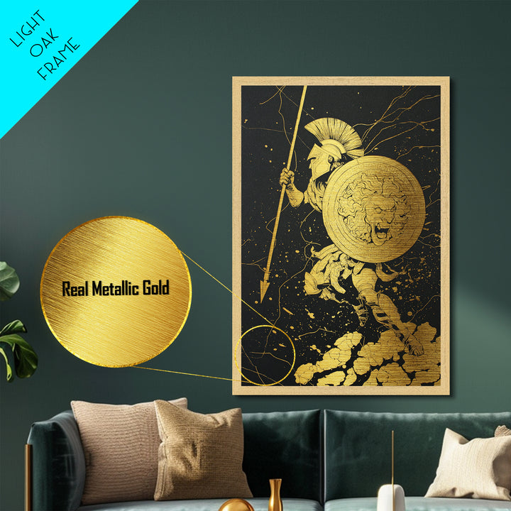 Charging Hoplite Warrior Metallic Gold Art – Greek Spear and Lion Shield Battle Pose, Real Wood Frame Ancient Warrior Wall Art