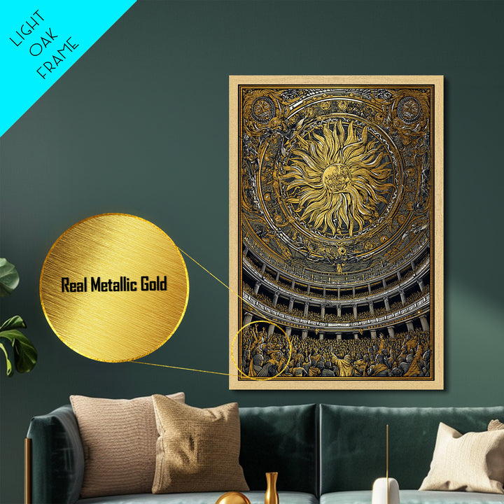 Grand Sun Ceiling Metallic Gold Metal Print – Ornate Mythological Dome Artwork, Real Wood Frame Classical Architectural Wall Art