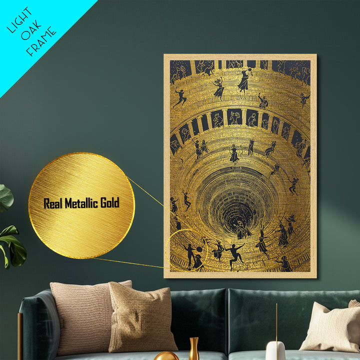 Mythic Underworld Descent Metallic Gold Art – Spiraling Figures in Ancient Pit Design, Real Wood Frame Fantasy Wall Décor