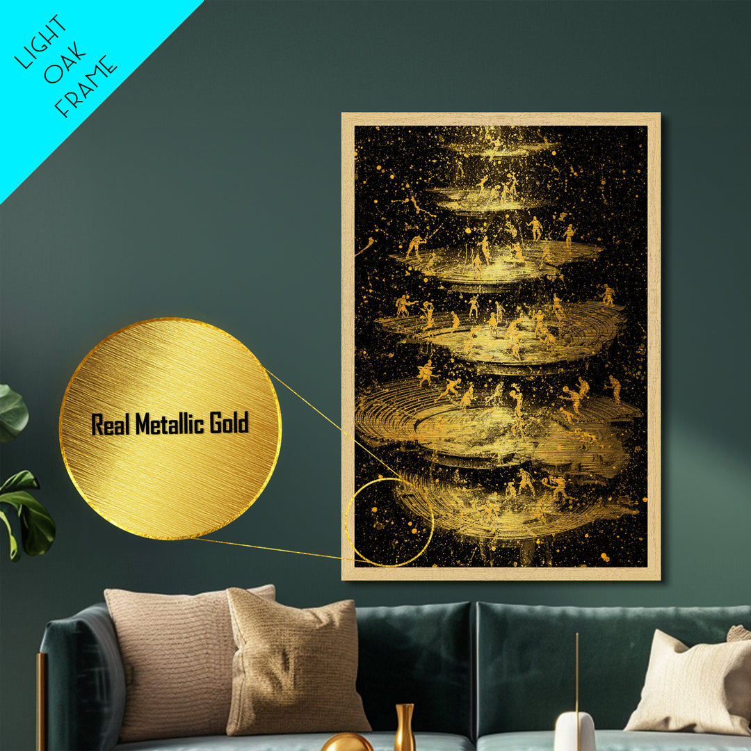 Celestial Battle Layers Metallic Gold Metal Print – Mythological Figures Across Cosmic Rings, Real Wood Frame Fantasy Art