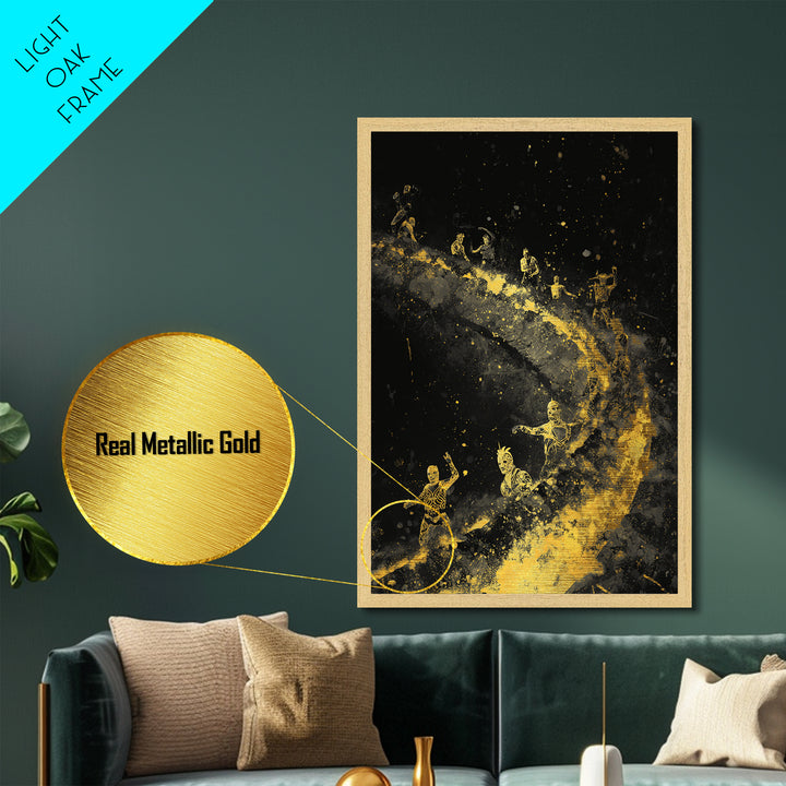 Warriors on Golden Path Metallic Gold Art – Surreal Spiral Battle Scene, Real Wood Frame Mythology Inspired Wall Décor