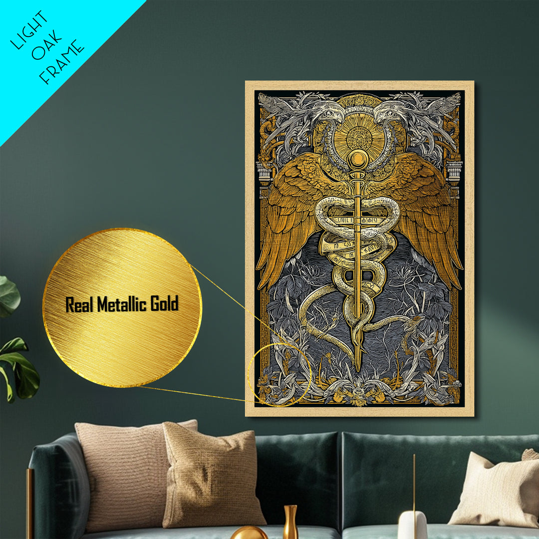 Ornate Medical Symbol Artwork, Caduceus Wall Decor With Wings And Serpents, Metallic Gold Metal Print, Real Wood Frame