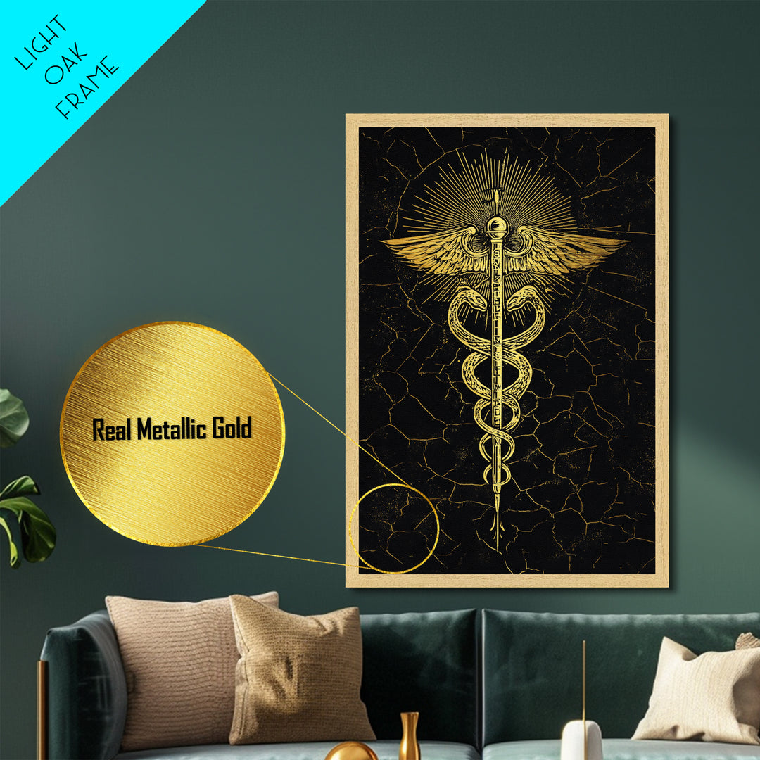 Radiant Caduceus Symbol Wall Art, Serpent And Winged Staff Artwork, Metallic Gold Metal Print, Real Wood Frame Decor