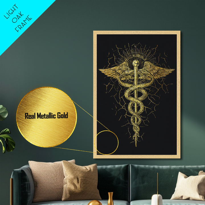 Caduceus Medical Symbol Wall Art, Serpent And Wings Ancient Staff Artwork, Metallic Gold Metal Print, Real Wood Frame