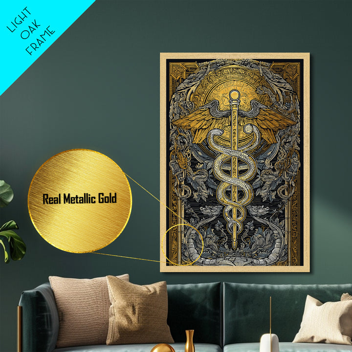 Botanical Caduceus Symbol Artwork, Ornate Serpent And Wings Wall Art, Metallic Gold Metal Print, Real Wood Frame Decor
