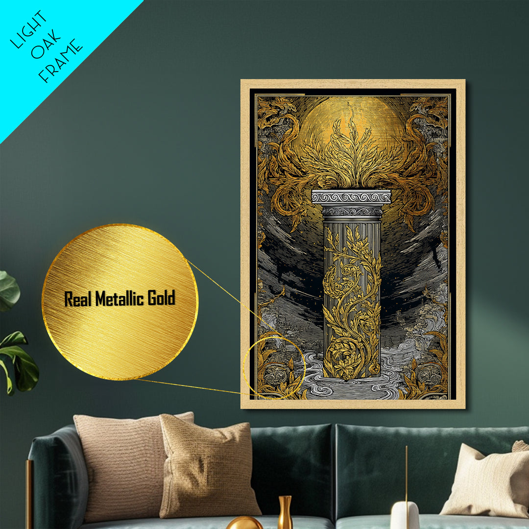 Greek Column Artwork, Mythical Pillar With Golden Flames Wall Art, Metallic Gold Metal Print, Real Wood Frame Decor