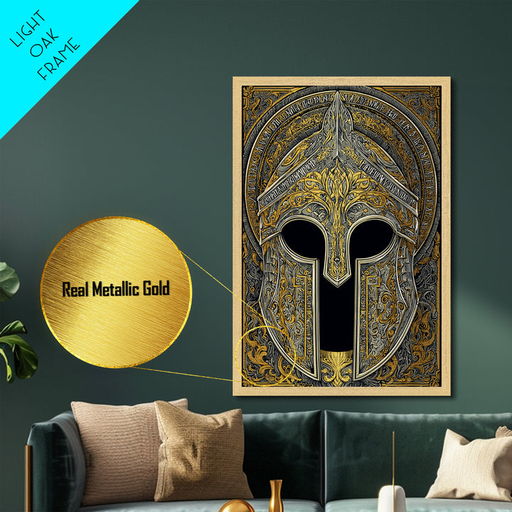 Ornate Bronze and Silver Spartan Helmet Wall Print – Metallic Gold Art, Real Wood Frame Metal Art, Classical Greek Warrior Decor