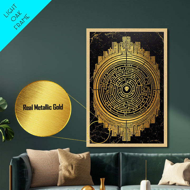 Labyrinth Maze Artwork, Mythical Minotaur Symbol Wall Art, Metallic Gold Metal Print, Real Wood Frame, Ancient Greek Decor