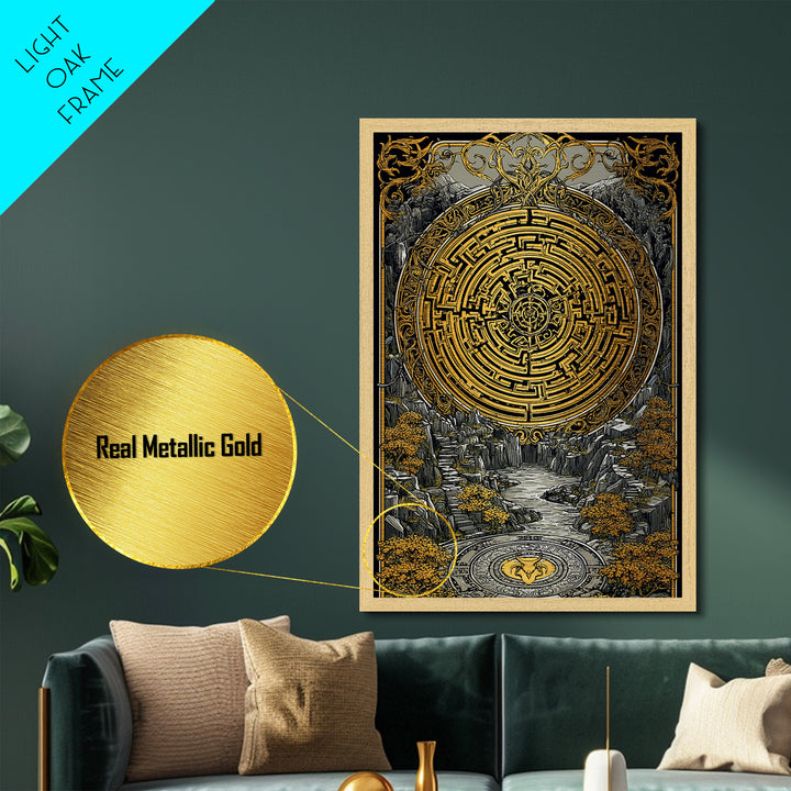 Ancient Maze Artwork, Mystical Labyrinth Symbol Wall Art, Metallic Gold Metal Print, Real Wood Frame, Mythology Inspired Decor