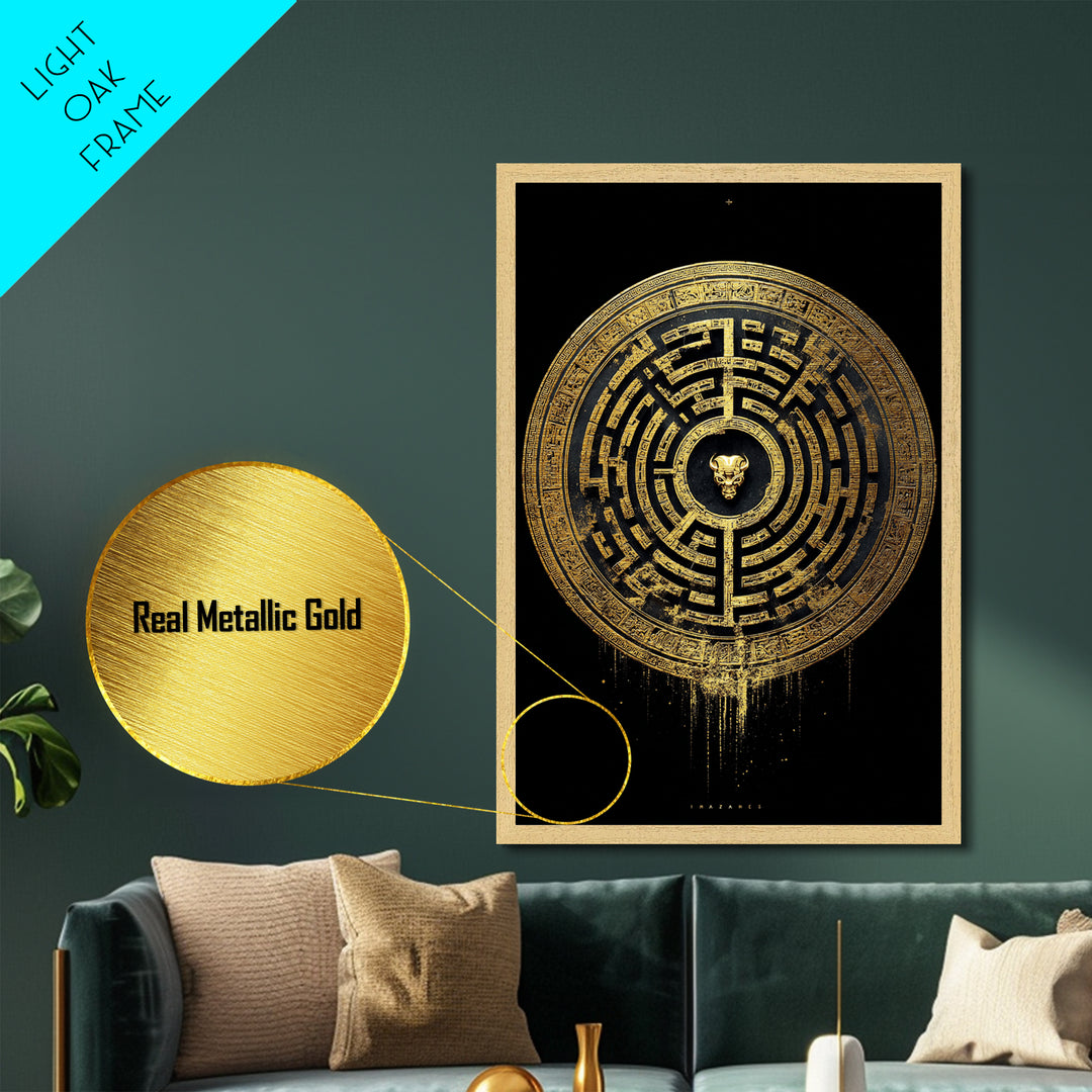 Greek Labyrinth Artwork, Mythical Minotaur Maze Symbol Wall Art, Metallic Gold Metal Print, Real Wood Frame, Esoteric Decor