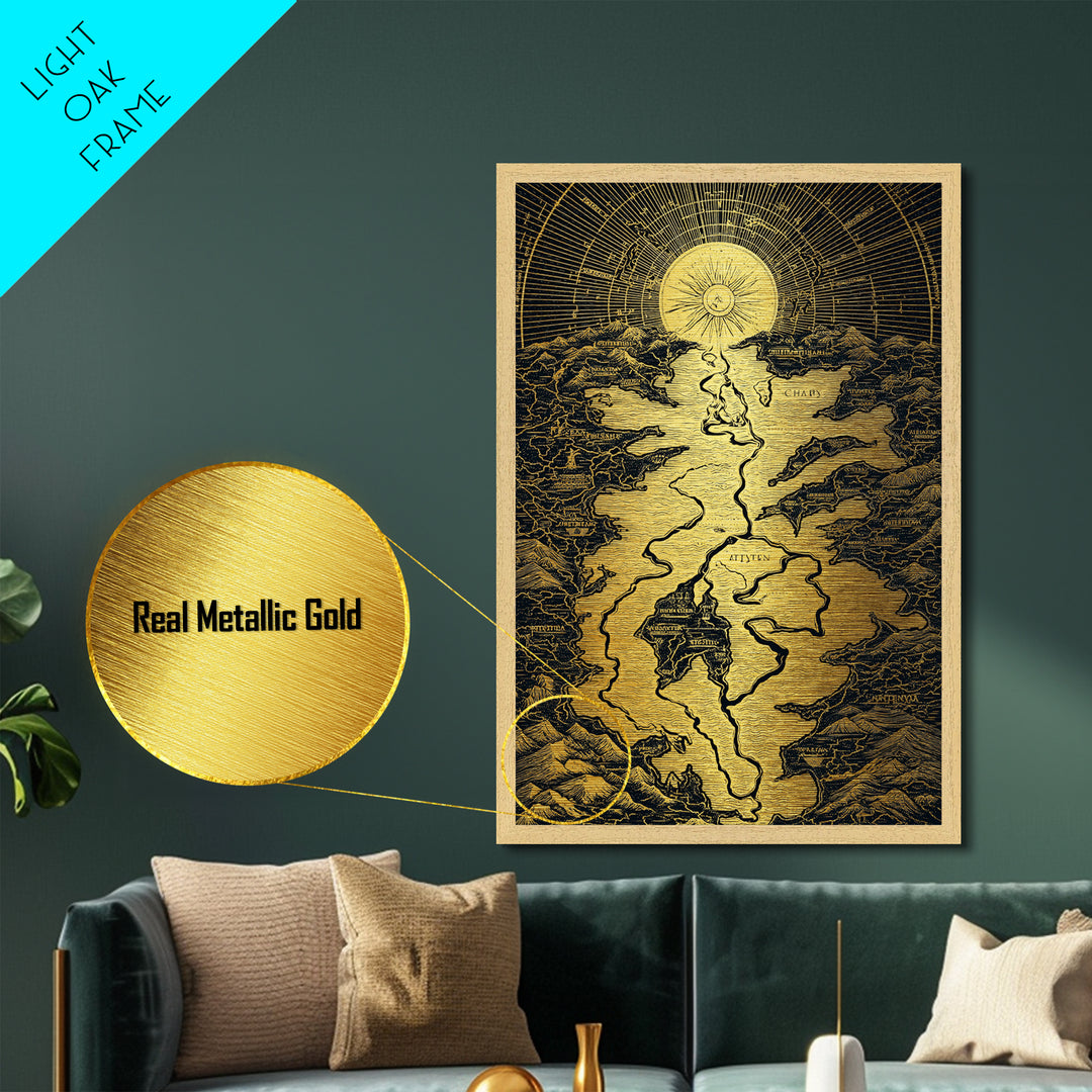 Celestial Map Artwork, Mythical Golden Sun And River Wall Art, Metallic Gold Metal Print, Real Wood Frame, Ancient Inspired Decor