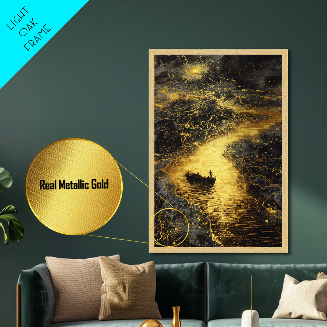 Mythical Boat Journey Artwork, Celestial Golden Map Wall Art, Metallic Gold Metal Print, Real Wood Frame, Mystical Decor