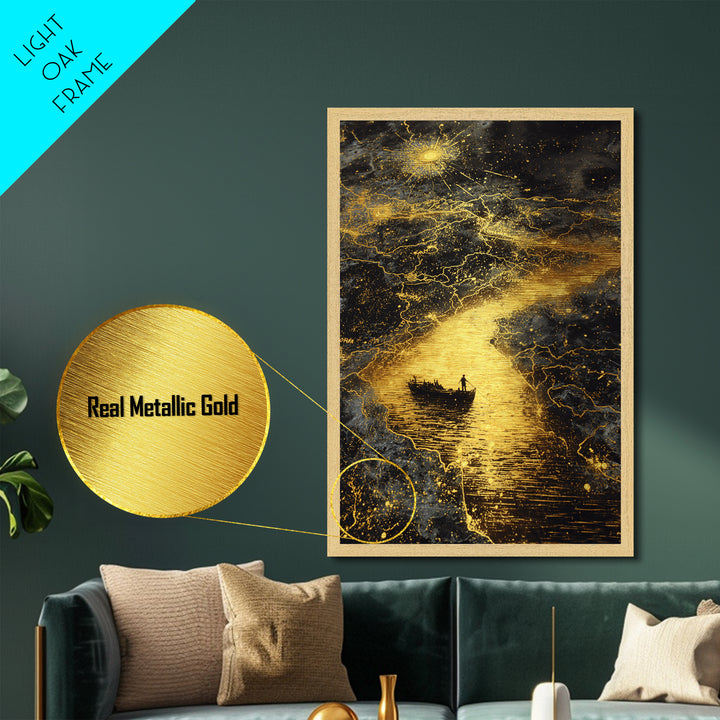 Mythical Boat Journey Artwork, Celestial Golden Map Wall Art, Metallic Gold Metal Print, Real Wood Frame, Mystical Decor