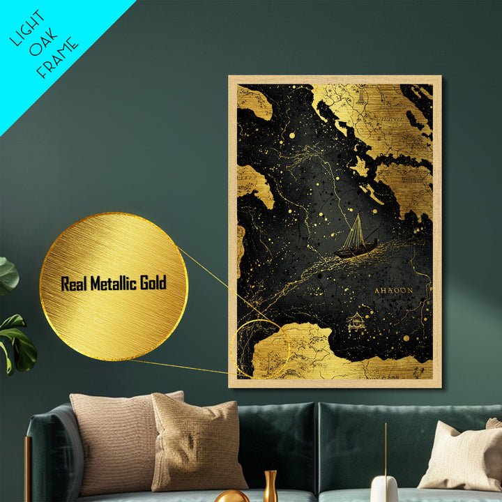 Golden Voyage Map Artwork, Ancient Nautical Journey Wall Art, Metallic Gold Metal Print, Real Wood Frame, Mythical Decor