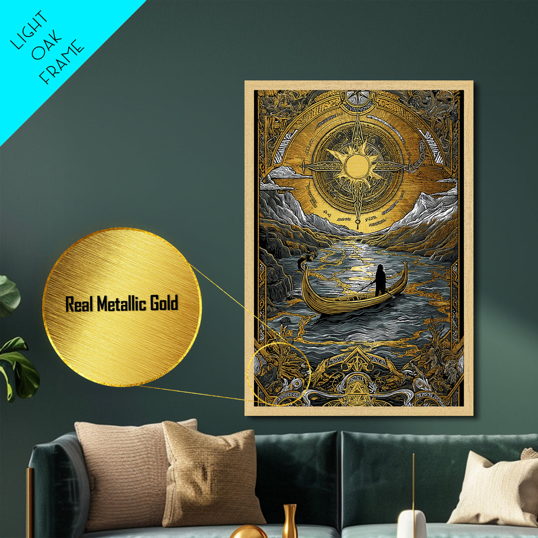 Mystical Compass Artwork, Celestial Sun And Boat Journey Wall Art, Metallic Gold Metal Print, Real Wood Frame, Mythology Decor