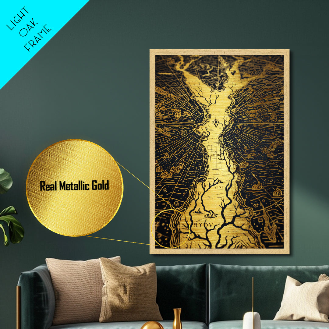 Ancient River Map Artwork, Mythical Golden Waterways Wall Art, Metallic Gold Metal Print, Real Wood Frame, Esoteric Decor