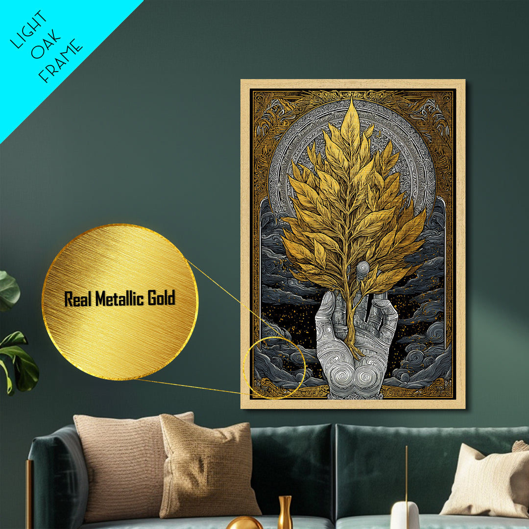 Hand With Golden Leaves Artwork, Mythical Nature Symbol Wall Art, Metallic Gold Metal Print, Real Wood Frame, Sacred Decor